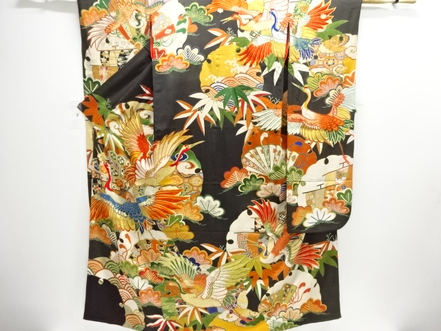 大正ロマン　錦紗鶴模様刺繍五つ紋花嫁衣装振袖3点・長襦袢・丸帯セット